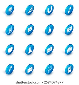 Set Triangular ruler, Magnet, Marker pen, Glass test tube flask on fire, Apple, Chalkboard, Certificate template and Ringing bell icon. Vector