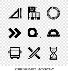 Set Triangular ruler, Mall or supermarket building, Laurel wreath, Bus, Crossed and pencil, Hourglass pixel, Arrow and Roulette construction icon. Vector