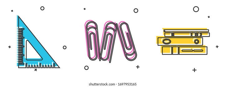 Set Triangular ruler, Paper clip and Office folders with papers and documents icon. Vector