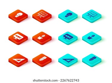 Set Triangular ruler, Pencil with eraser, Alphabet, Plant in pot, Chalkboard and Light bulb concept of idea icon. Vector