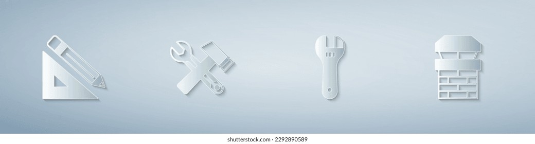 Set Triangular ruler and pencil, Hammer wrench spanner, Adjustable and Chimney. Paper art style. Vector