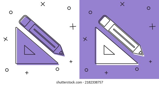 Set Triangular ruler and pencil icon isolated on white and purple background. Straightedge symbol. Drawing and educational tools.  Vector