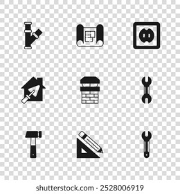 Set Triangular ruler and pencil, Wrench spanner, Chimney, Electrical outlet, Industry metallic pipe, House plan and with trowel icon. Vector