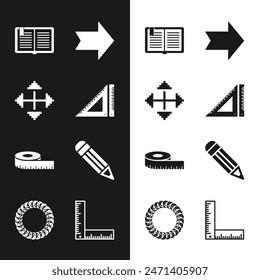 Set Triangular ruler, Pixel arrows in four directions, Open book, Arrow, Tape measure, Pencil, Folding and Laurel wreath icon. Vector