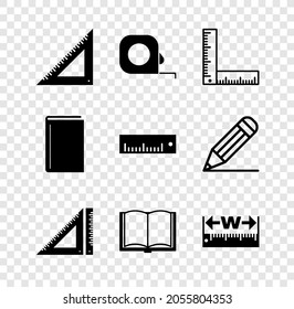 Set Triangular ruler, Roulette construction, Folding, Open book, Measuring height and length, Book and Ruler icon. Vector