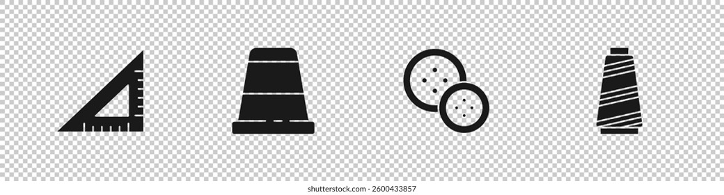 Set Triangular ruler, Thimble for sewing, Sewing button and thread icon. Vector