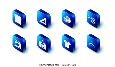 Set Triangular ruler, Yarn ball, Adjustable embroidery hoop, Hanger wardrobe, T-shirt, Tailor shop, Sewing machine and Leather icon. Vector