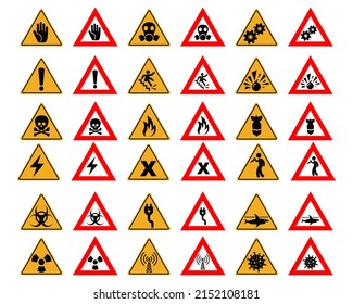 Set of triangular shape hazard icons. Signs collection. Vector illustration.