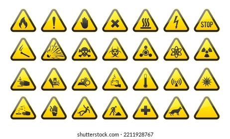 Set of Triangular Warning Hazard Signs. Danger icons collection. Poison, toxic, biohazard caution and other symbols in yellow triangle. Vector illustration