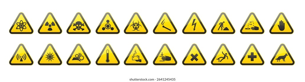 Set of Triangular Warning Hazard Signs. Danger icons collection. Poison, toxic, biohazard caution and other symbols in yellow triangle. Vector illustration