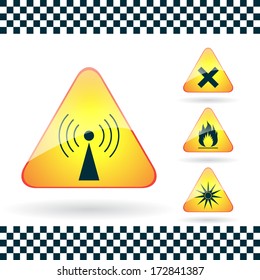 Set of triangular warning hazard signs-radio emission, optical radiation, harmful, flammable.Vector.