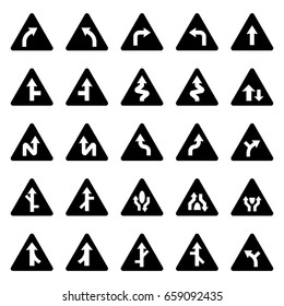 Set of triangular warning signs in black