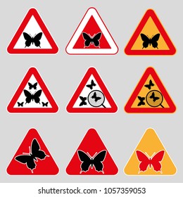 Set of triangular warning signs, butterflies.
Insects in the environment and the attitude of human society to this kind of life.
