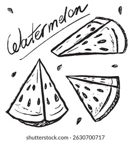 Set of triangular watermelon slice piece with seeds in black brush stroke texture isolated on white. Hand drawn vector sketch illustration in vintage charcoal ink. Summer clothes print, menu design