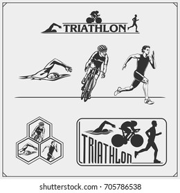 Set of triathlon labels, emblems badges and design elements. Swimming, cycling and running.