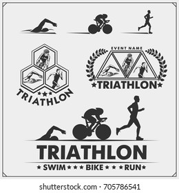 Set of triathlon labels, emblems badges and design elements. Swimming, cycling and running.