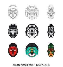 Set of tribal african mask icons isolated on white background. Face mask, african ethnic, tribal africa culture. Vector illustration