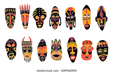Set of tribal african masks. Isolated on white. Hand drawn vector illustration. 