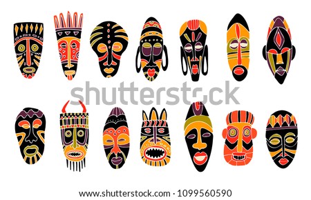 Set of tribal african masks. Isolated on white. Hand drawn vector illustration.  商業照片 © 