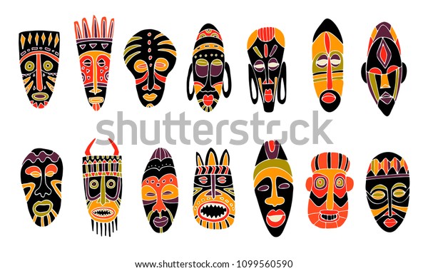 部族のアフリカのマスクのセット 白い背景に 手描きのベクターイラスト のベクター画像素材 ロイヤリティフリー