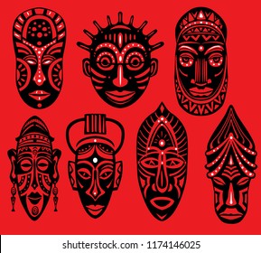 Set of Tribal African Masks on red background