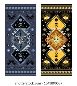 Set of Tribal animal skull illustration with moon design and ethnic sun