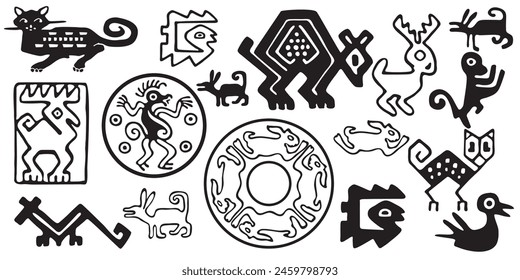 A set of tribal animals, black and white isolated vector. American style. Aztec style Mexican designs