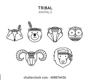 Set of Tribal Animals icon in trendy line style. Animal portraits in flat design. Isolated design elements in vector for your design