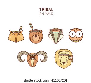 Set of Tribal Animals icon in trendy line style. Animal portraits in flat design. Isolated design elements in vector for your design