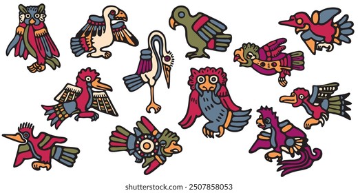 A set of tribal birds. Aztec style Mexican designs