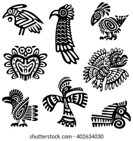 A set of tribal birds, black and white isolated vector