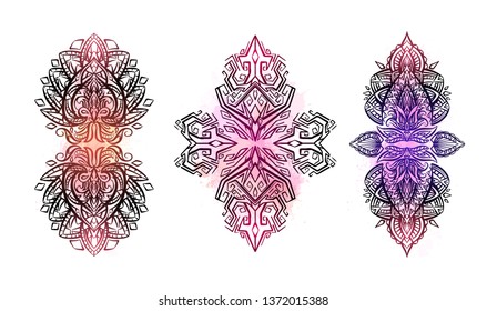 Set of tribal boho ornaments with soft watercolor splashes. Native object is separate from the background. Vector henna element for tattoos, yoga mats, patterns and for your creativity