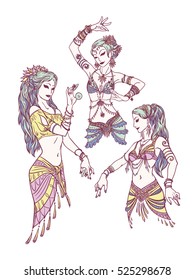 Set of Tribal Dancer Girls. Colorful Vector Illustration in Hand Drawn Style for Your Design and Artworks. Different Poses of Belly Dancer Blue-Haired Girls in Tribal Costumes with Accessories.