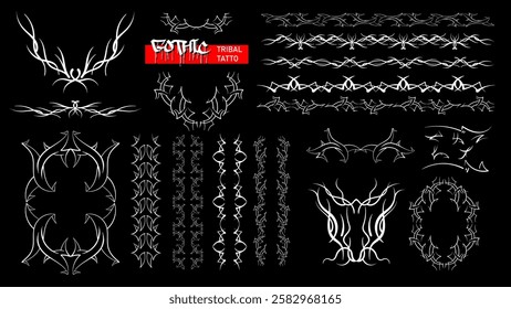 set of tribal decorative elements . Black and white illustration.