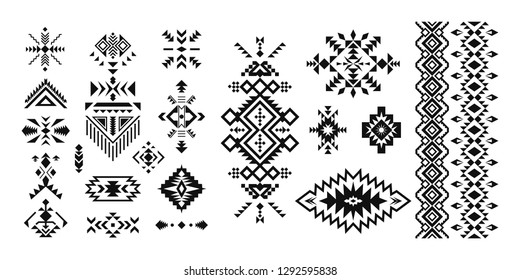 Set of Tribal decorative elements isolated on white background. Ethnic collection. Aztec geometric ornament.