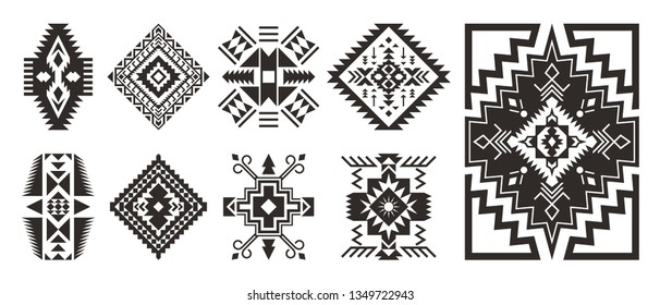 Set of Tribal decorative elements isolated on white background. Ethnic collection. Aztec geometric ornament.