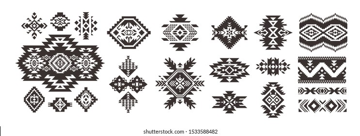 Set of Tribal decorative elements isolated on white background. Ethnic collection. Aztec geometric ornament.