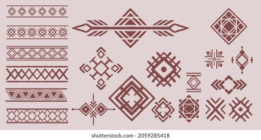 Conjunto de elementos decorativos tribales aislados en un fondo blanco. Dibujado a mano por una tribu geométrica. Colección étnica. Colección artística de elementos de diseño vectorial
