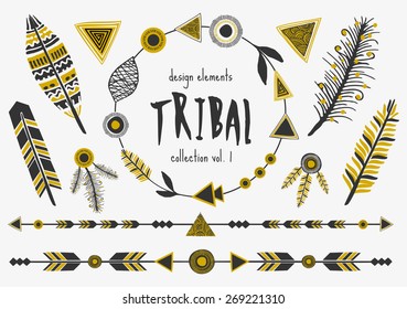 A set of tribal design elements in black and golden. Arrows, decorative borders, text dividers, feathers and frames. 