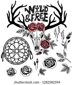 Set of tribal design elements. Hand drawn ethnic collection with arrows, feathers, deer skull, floral elements for design. Vector set with tribal, indian, aztec, hipster, boho elements.