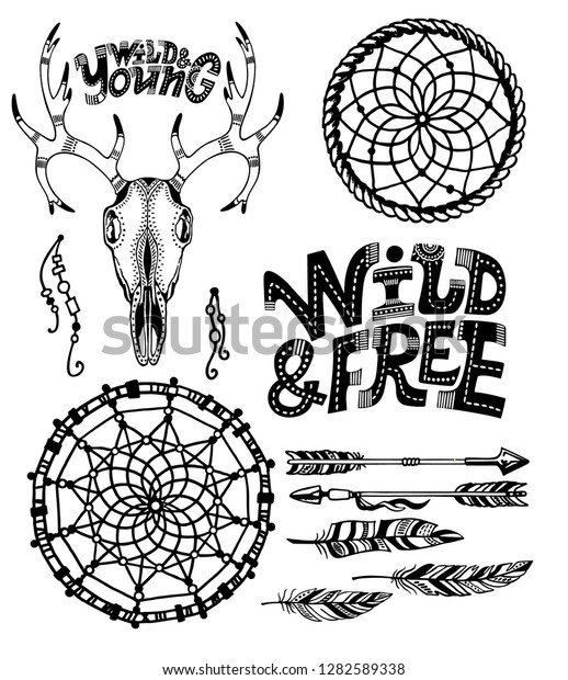 Set of tribal design elements. Hand drawn
ethnic collection with arrows, feathers, deer skull, floral
elements for design. Vector set with tribal, indian, aztec,
hipster, boho elements.