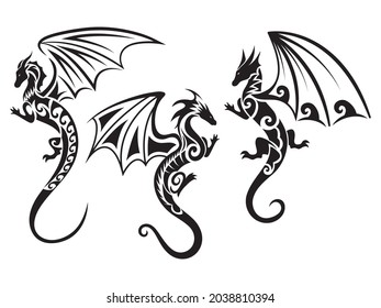 Set of tribal dragons. Collection of ancient fantasy animals creatures. Fantastic reptile. Vector illustration isolated on white background. Tattoo.