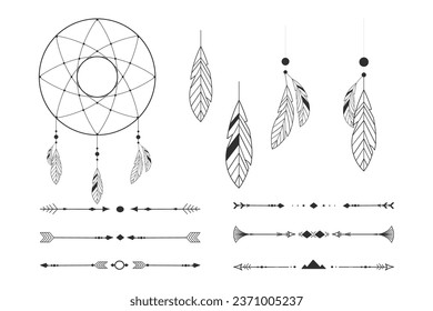 Set tribal dream catcher native ornament with feathers hanging indian amulet arrows line doodle style isolated on white background.