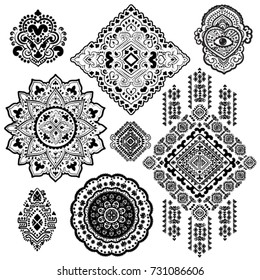 Set of tribal elements. Vector Ethnic Henna tattoos. Can be used for textile, greeting business card background, coloring book, phone case print