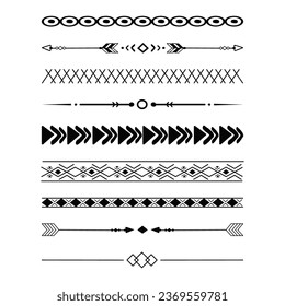 Set tribal ethnic arrow dividers, native indian bow boho in doodle style isolated on white background. Collection borders, decoration elements