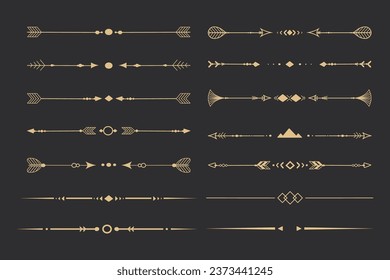 Set tribal ethnic arrow dividers, native indian bow boho in doodle style isolated on white background. Collection borders, decoration elements