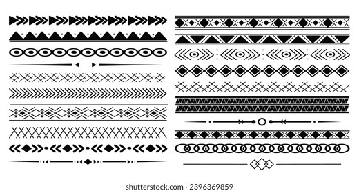 Set tribal ethnic arrow dividers, native indian bow boho in doodle style isolated on white background. Collection borders, decoration elements