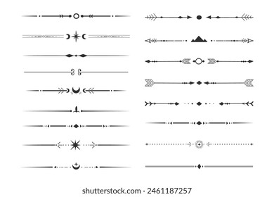 Conjunto de divisores de flecha étnica tribal, indio nativo arco boho en estilo doodle aislado sobre fondo blanco. Bordes de colección, Elementos de decoración