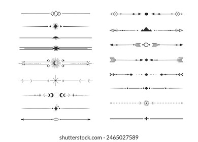 Set tribal ethnic arrow dividers, native indian bow boho in doodle style isolated on white background. Collection borders, decoration elements