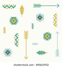 Set Tribal, Ethnic, Aztec, Boho Chic, Geometric Elements, Hipster Logo, Business Label, Navajo. Arrows, Feather 